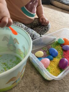 easter sensory bins rice